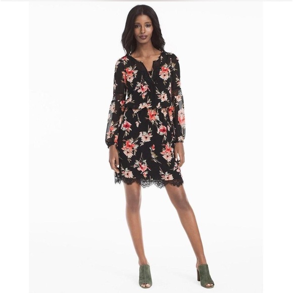 {WHBM}. Floral Black & Pink Chiffon Dress. - Picture 7 of 14